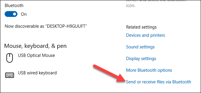 Haga clic en el enlace "Enviar o recibir archivos a través de Bluetooth" en su computadora con Windows