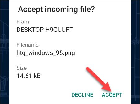 Toca el botón "Aceptar" en Android para aceptar la transferencia de archivos.