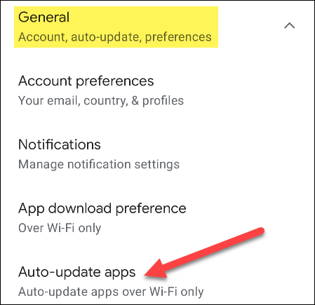 Elija la opción "Aplicaciones de actualización automática" en "General".