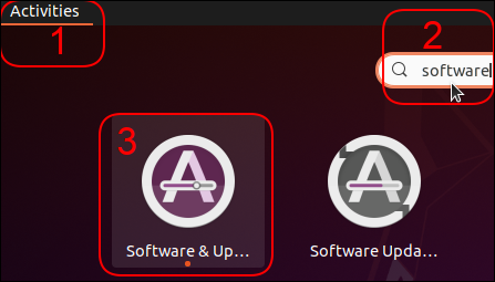 Haciendo clic en Software y actualizaciones en Ubuntu