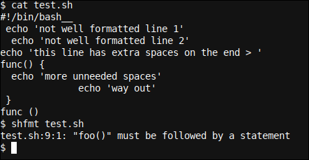 Un ejemplo práctico de shfmt con error en la llamada de función incorrecta