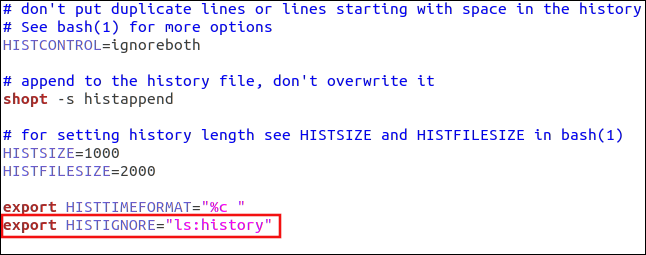 Un comando "export HISTIGNORE =" ls: history "en gedit.
