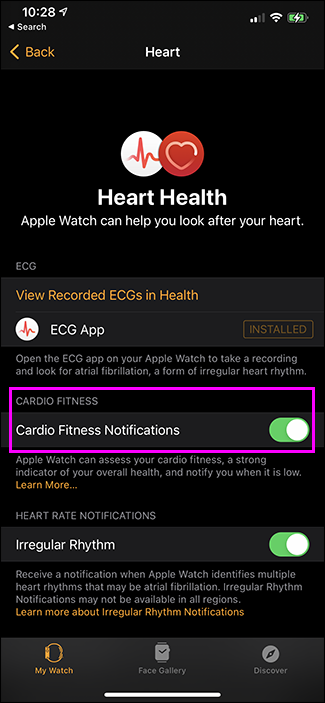 alternancia de notificaciones de cardio fitness