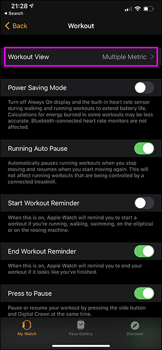 seleccionar vista en la aplicación apple watch en iphone