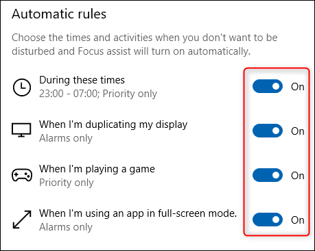 La sección "Reglas automáticas" de Focus Assist.