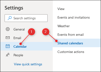 Configuración del calendario de Outlook con la configuración del calendario compartido resaltada.