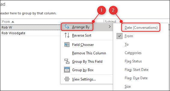 Haga clic en "Organizar por" y luego seleccione "Fecha (conversaciones)" en Outlook.