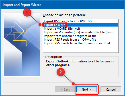 El "Asistente para importar y exportar" con la opción "Exportar a un archivo" resaltada.