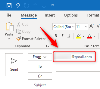 El campo "De" muestra una dirección de correo electrónico diferente.