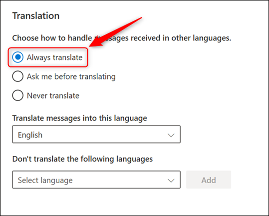 La sección Traducción con la opción "Traducir siempre" resaltada.