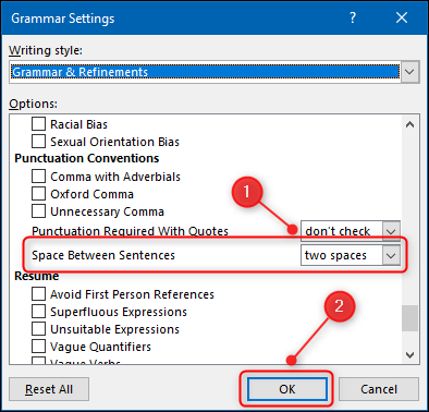 El panel "Configuración de gramática" con la opción "Espacio entre oraciones" resaltada.