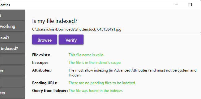 Testing if and why a file is being indexed in Microsoft's Indexer Diagnostics.
