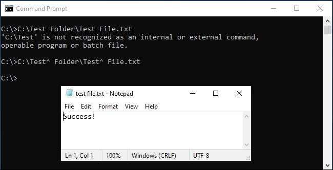 Caret space escaping working at command prompt