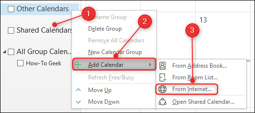 The option Add calendar from the Internet