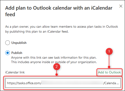 Las opciones para agregar el planificador a su calendario o copiar un enlace de iCalendar.