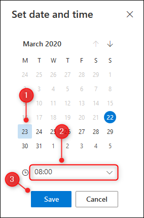 El panel para seleccionar una fecha y hora de repetición personalizadas.