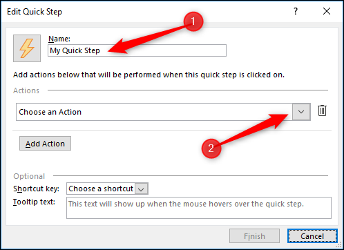 The Quick Steps editor, with the fields 