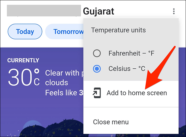 Seleccione "Agregar a la pantalla de inicio" en el menú de la tarjeta meteorológica en la aplicación de Google.