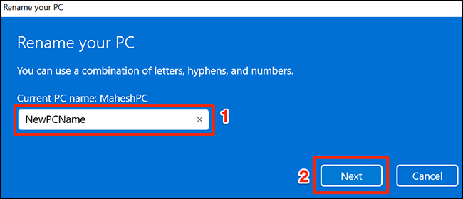 Ingrese un nuevo nombre de PC y haga clic en "Siguiente".