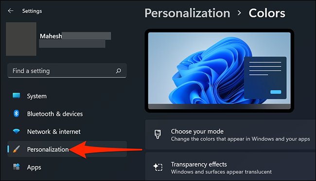 Haga clic en "Personalización" en Configuración en Windows 11.