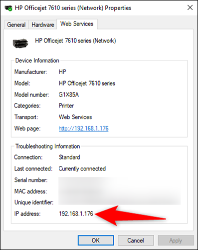 La dirección IP de una impresora en el "Propiedades" ventana en Windows 10.