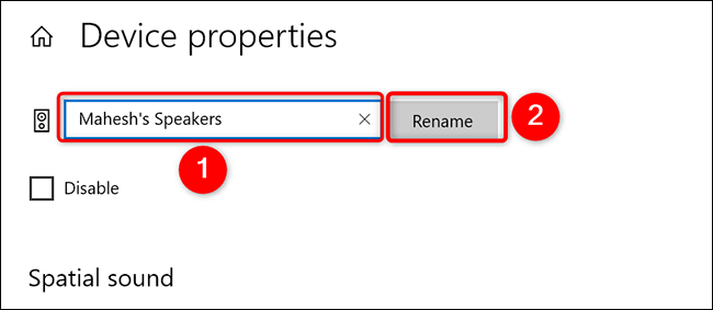Ingrese un nuevo nombre y haga clic en "Cambiar nombre" en la página "Propiedades del dispositivo" en Configuración en Windows 10.