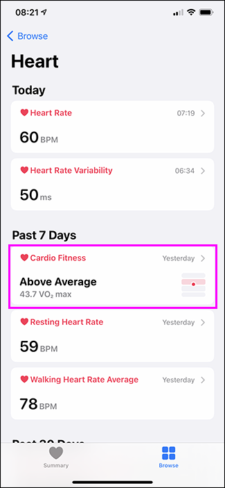 opción de cardio fitness en la aplicación de salud