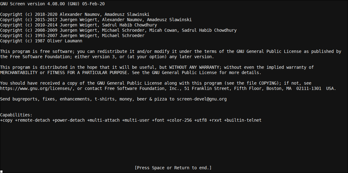 La pantalla de bienvenida de la pantalla GNU de Linux