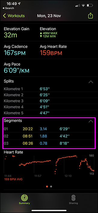 Visualización de segmentos en la aplicación Apple Fitness.