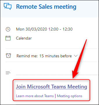 Un evento en el calendario de Outlook Online que muestra el vínculo de la reunión de Teams.