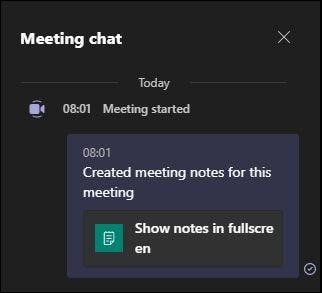 A mensagem no bate-papo da reunião dizendo aos participantes que as notas estão sendo tomadas.