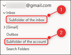 Haga clic con el botón derecho en la Bandeja de entrada para crear una nueva subcarpeta.  Haga clic con el botón derecho en la cuenta de correo electrónico para crear una carpeta en el mismo nivel que la Bandeja de entrada.