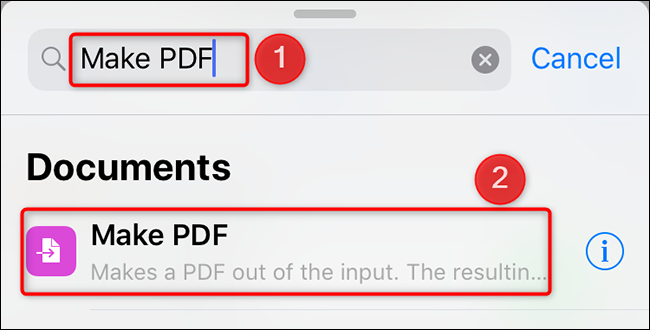 Busque "Crear PDF" y selecciónelo en Accesos directos.