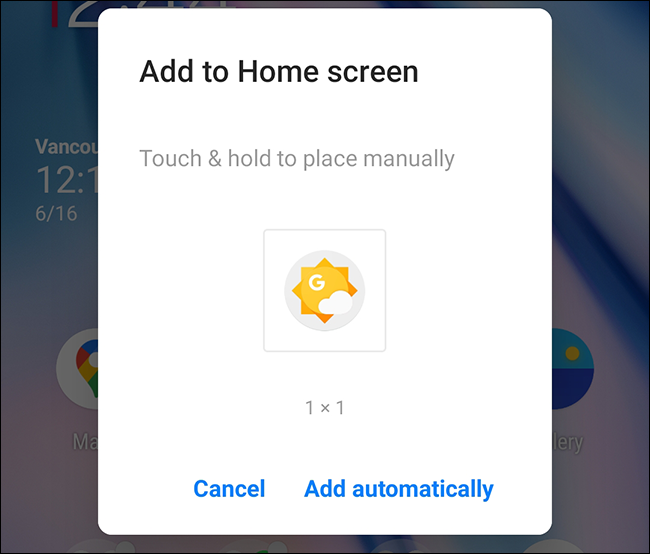 Aplicación meteorológica "Añadir a la pantalla principal" emergente en Android.