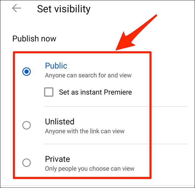 Elija la visibilidad de su video en el "Establecer visibilidad" pantalla en la aplicación de YouTube.