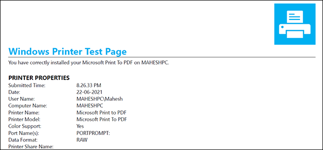 Página de prueba de Windows 10 para impresoras.