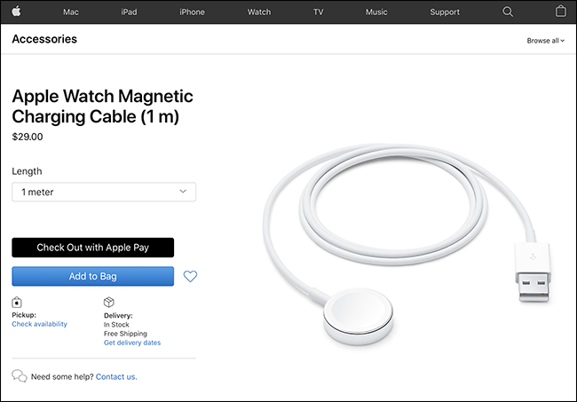 Cable de carga de Apple Watch en el sitio web de Apple