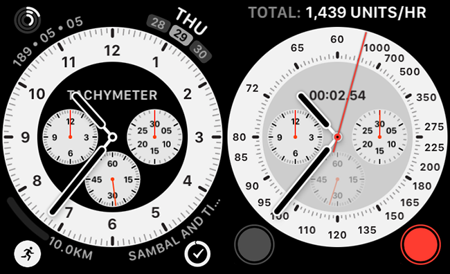 Una esfera de reloj Chronograph Pro con una complicación de taquímetro incorporada.