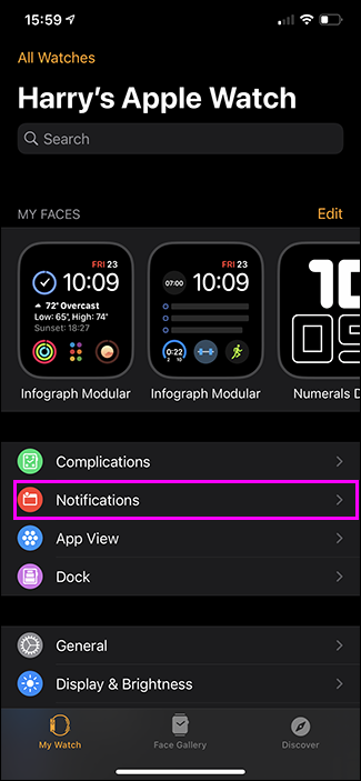 opción de notificaciones resaltada aplicación de reloj de Apple