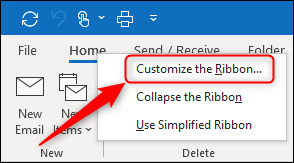 Haga clic en "Personalizar la cinta" en Outlook.