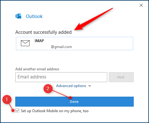 Outlook "cuenta agregada" página.