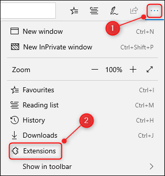 Los 3 puntos y el menú del navegador en Edge, con la opción "Extensiones" resaltada.