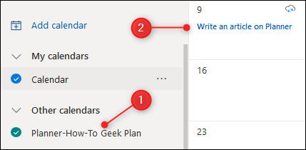 El calendario de Planner que se muestra en Outlook.