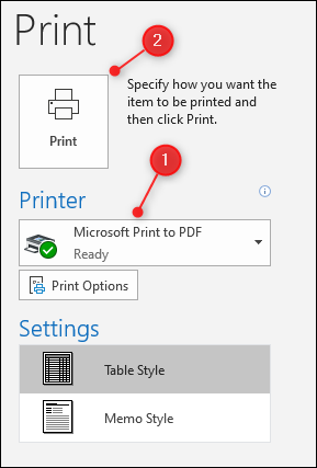 Opciones de impresión de Outlook, con la opción Impresora y el botón Imprimir resaltados.