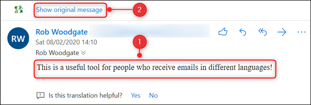 El correo traducido con la opción "Mostrar mensaje original" resaltada.