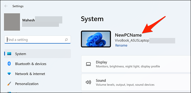 Nombre de la PC en la aplicación de configuración de Windows 11.