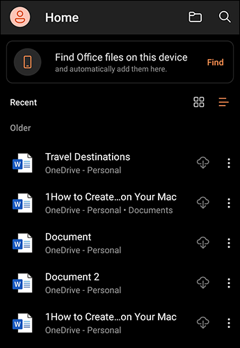 Microsoft Office para Android en modo oscuro.