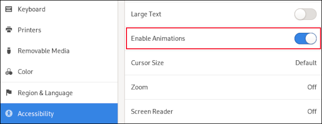 Página de configuración de accesibilidad de GNOME con la opción "habilitar animaciones" resaltada