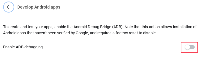 La opción de habilitar la depuración de Android en un Chromebook