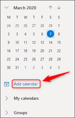 Outlook en línea "Agregar calendario" opción.